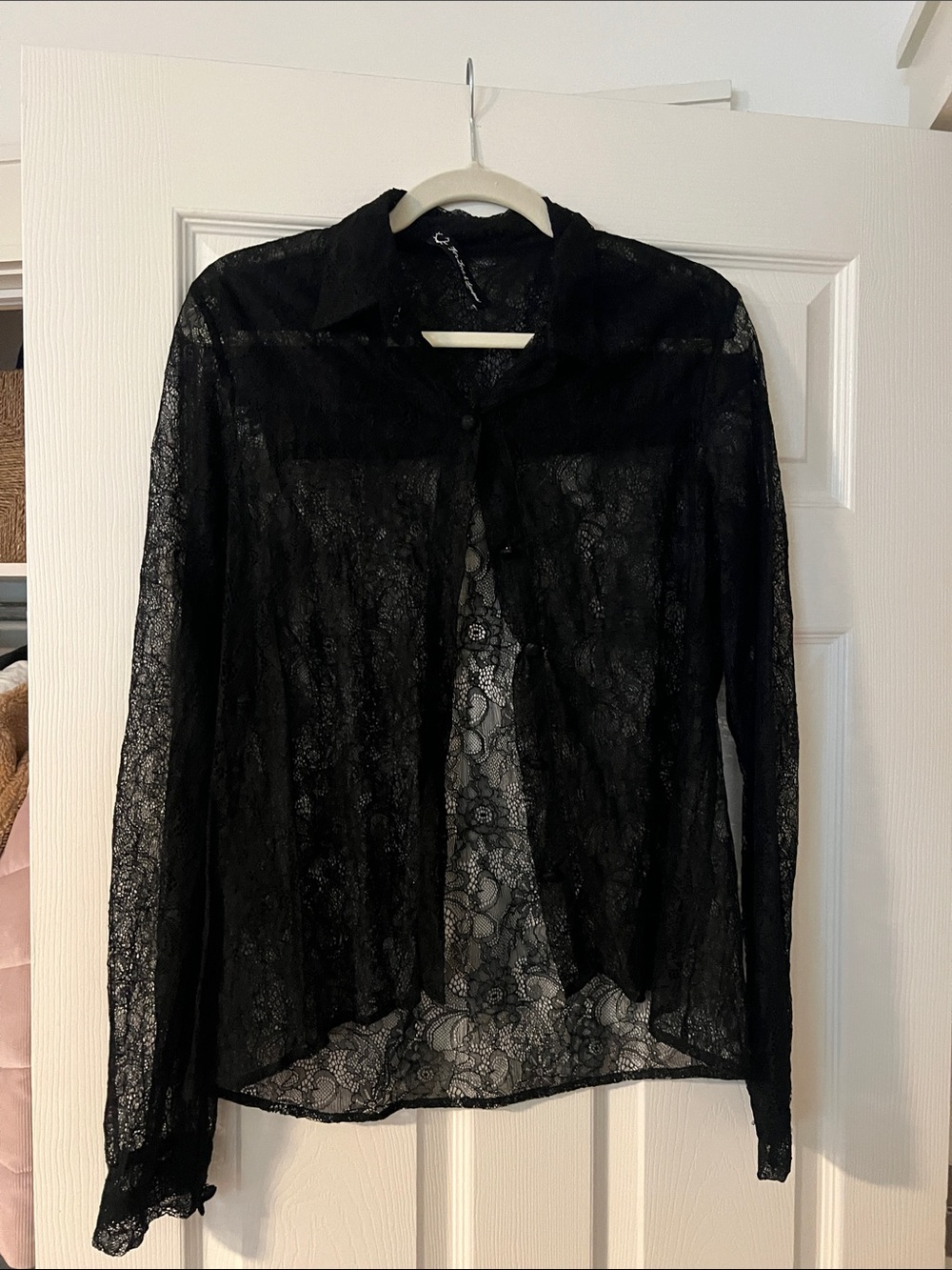 For Love And Lemons Black Sheer Floral Lace Button-Up Shirt